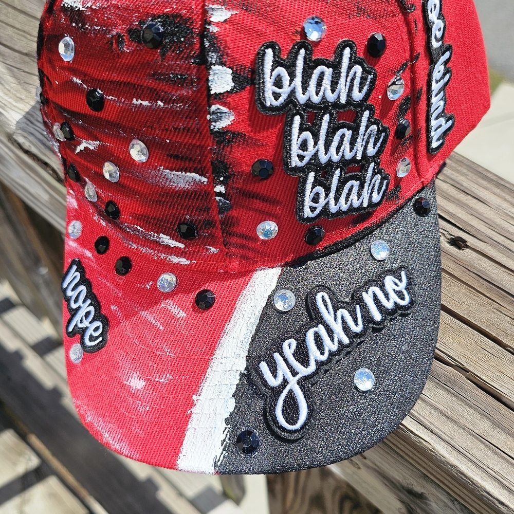 Red and Black Trucker Hat with Fun Phrases